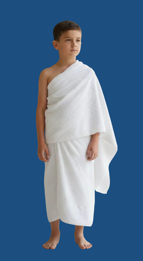 Boys' ihram detail view - premium soft cotton fabric for young pilgrims during Hajj and Umrah