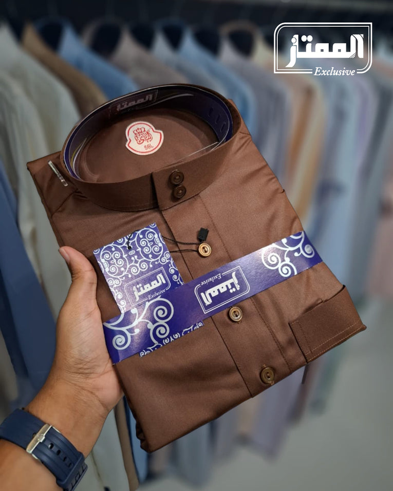 Premium Dark Brown Thobe Fabric and Embroidery Close-up - High Quality Cotton | AlMumtaz