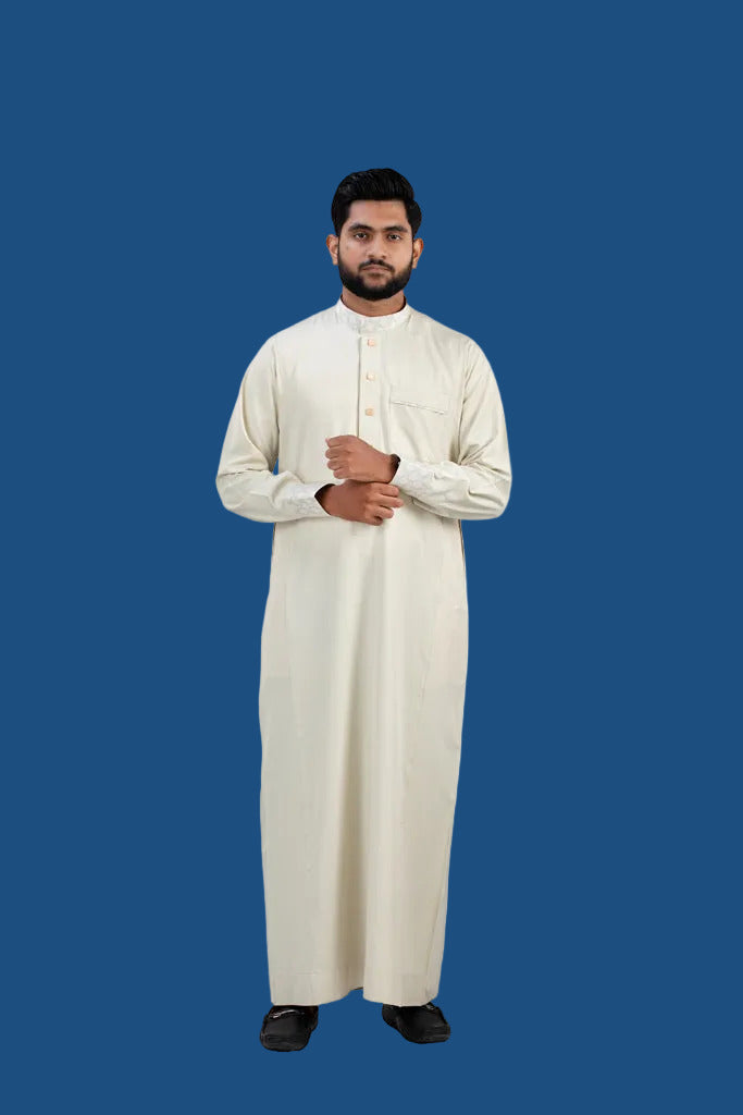 Premium beige designer cotton thobe full length view - AlMumtaz men's Islamic wear