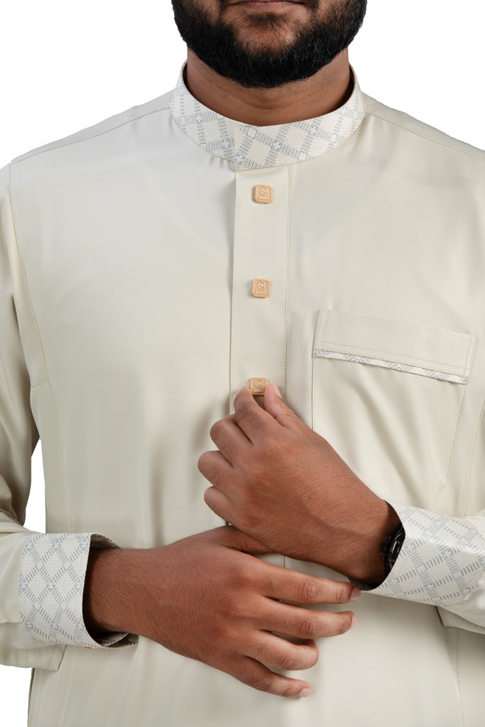 Premium beige designer cotton thobe designer stitching and pattern close-up - AlMumtaz Sri Lanka
