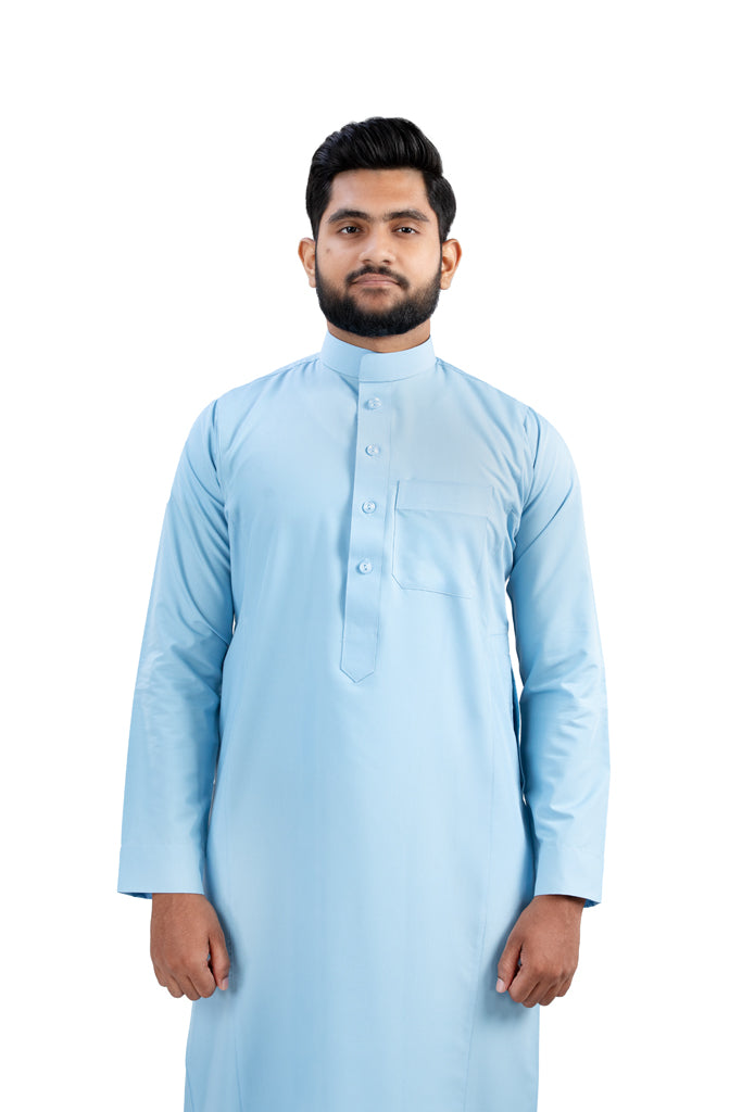 Premium Light Blue Cotton Thobe - Close-up Detail of Embroidery and Fabric Quality | AlMumtaz