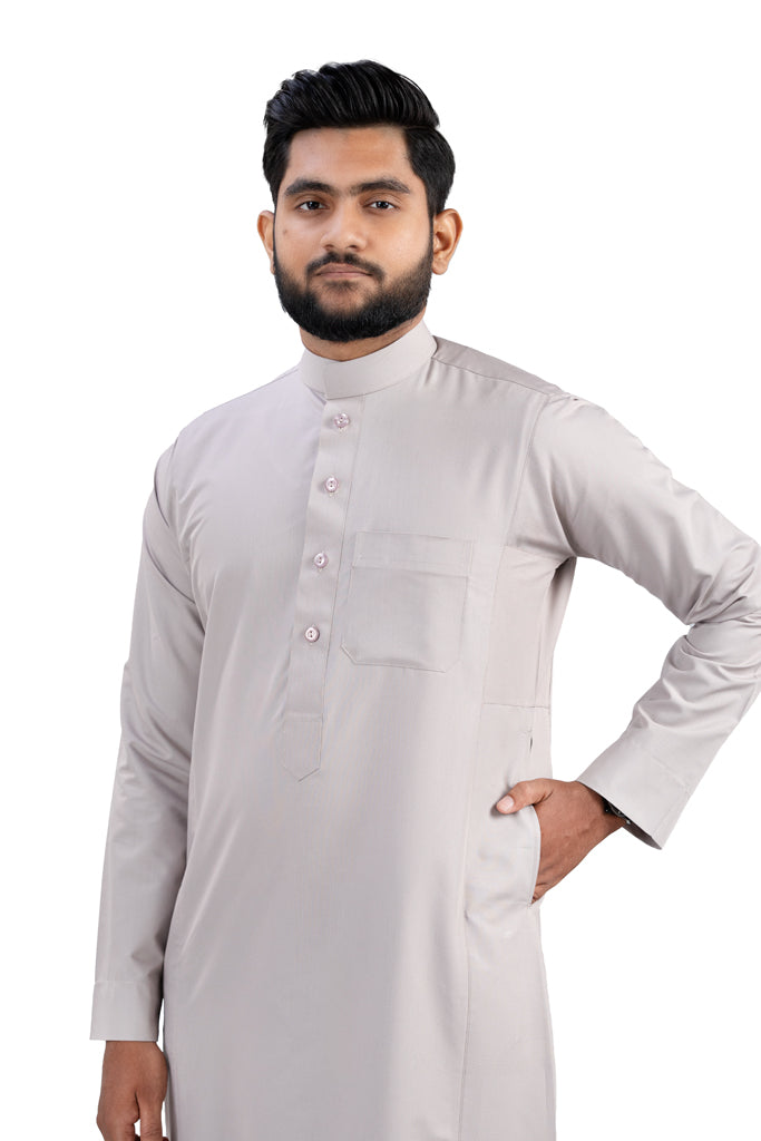 Premium cotton thobe light brown - side profile view - authentic Islamic clothing