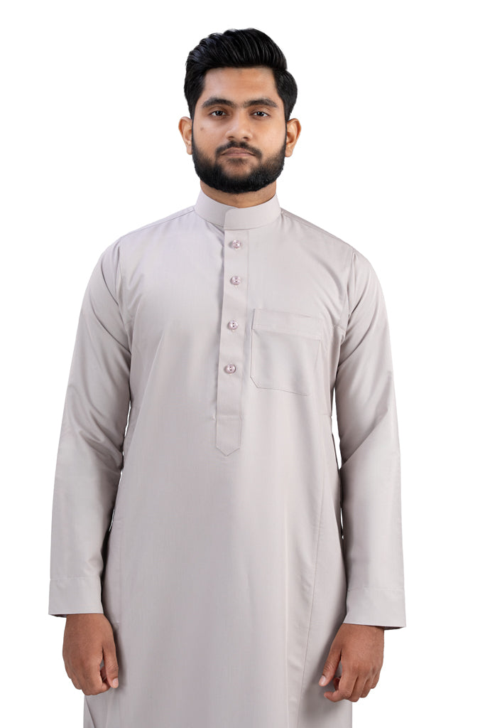 Light brown thobe close-up - embroidery and zipper detail - premium cotton fabric