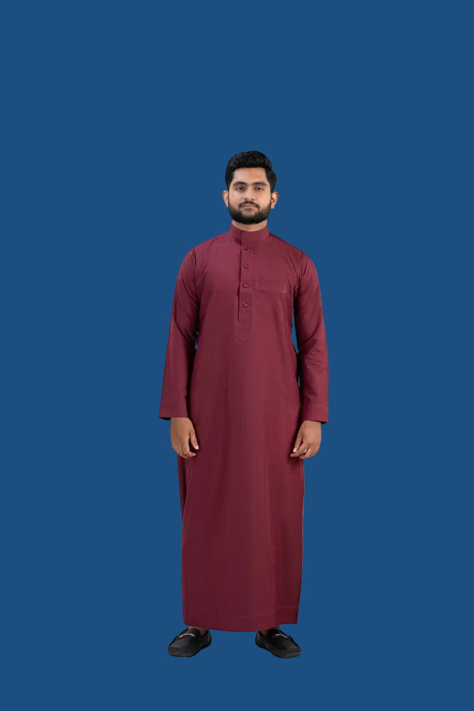 Premium Maroon Cotton Thobe for Men - Full Front View | AlMumtaz Islamic Wear Sri Lanka