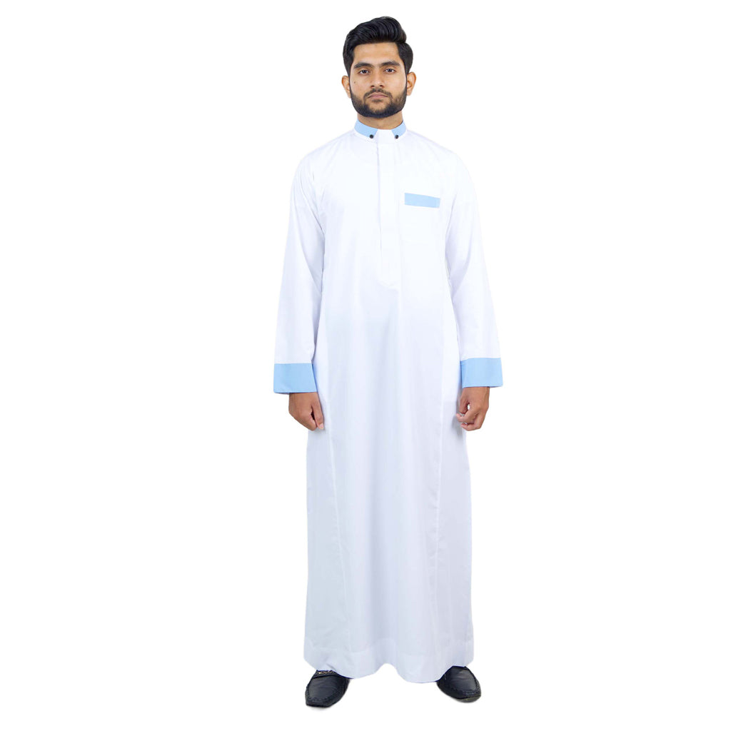 Premium men's white cotton thobe with blue border accents - wedding Islamic wear - AlMumtaz Sri Lanka