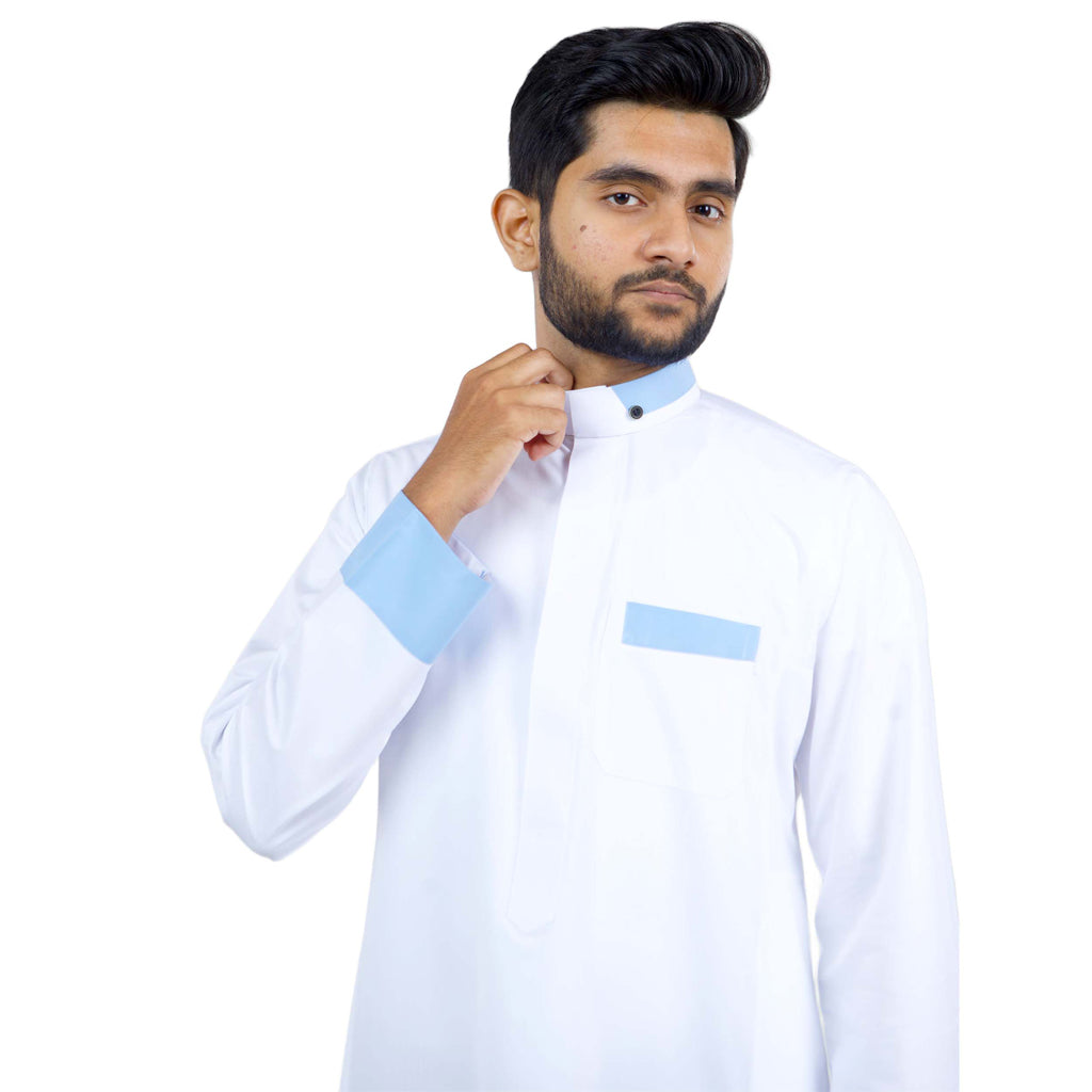 Close-up detail of blue collar and cuff embroidery on premium white cotton Nikah thobe - AlMumtaz craftsmanship