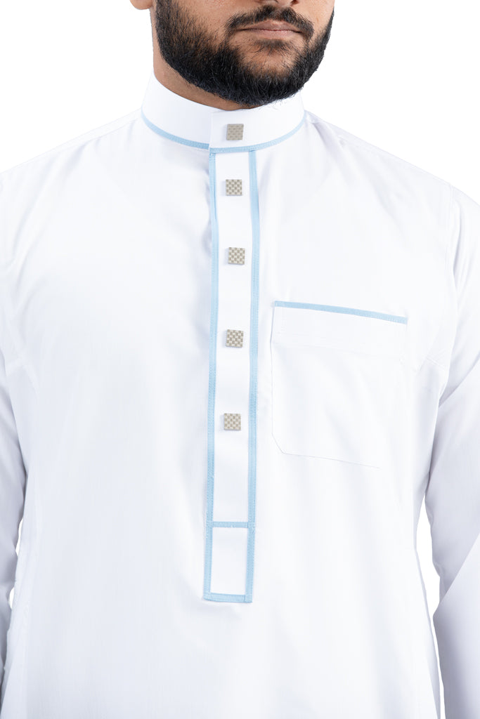 Premium White Nikkah Thobe - Blue Border Detail Close-Up | Hand-Embroidered Islamic Wedding Thobe