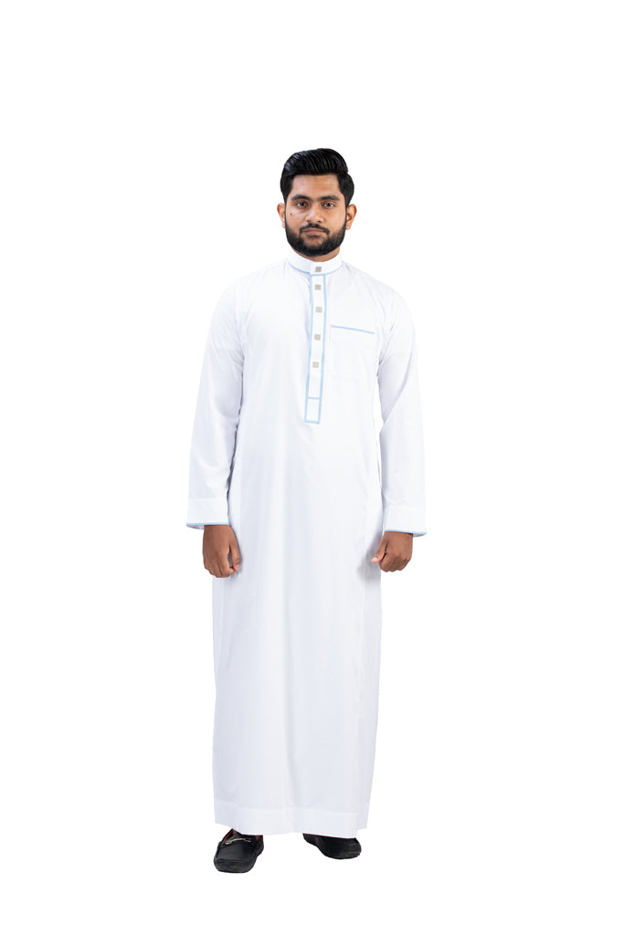 Premium White Nikkah Thobe with Blue Border - Full Length View | AlMumtaz Sri Lanka Wedding Thobe