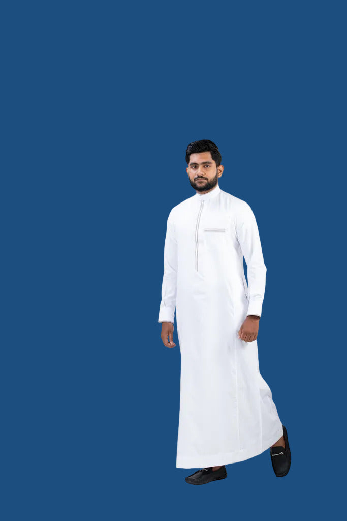White Nikkah thobe brown border collar and zipper detail - AlMumtaz premium Islamic wear