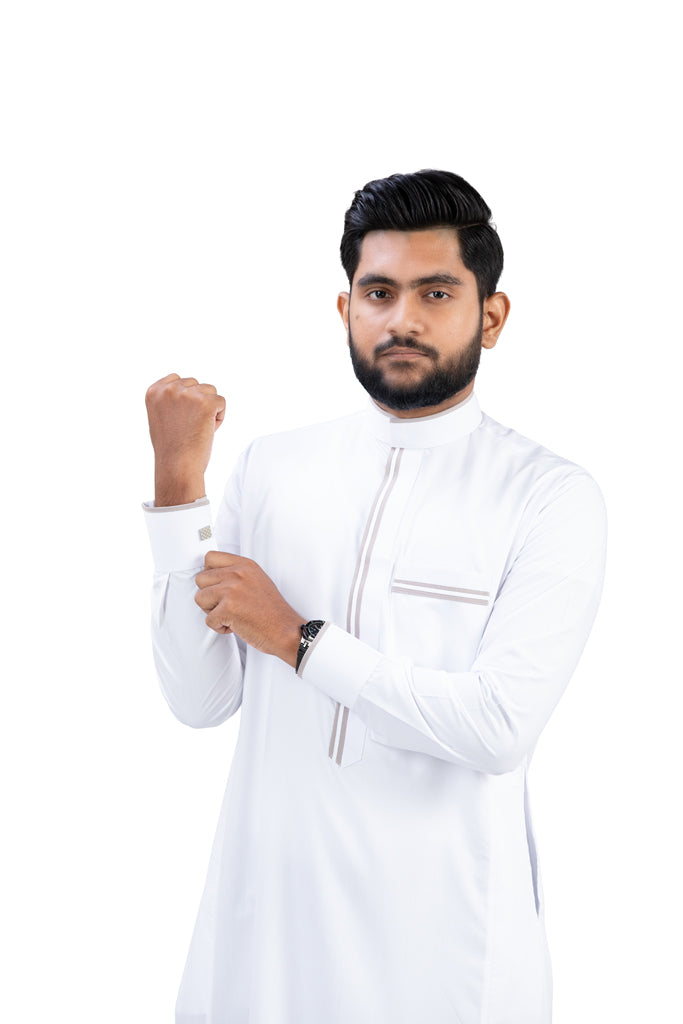 Premium Nikkah thobe brown border cuff detail - traditional Islamic wedding wear