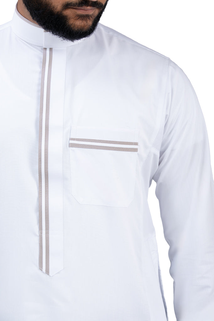 Premium white Nikkah thobe with elegant brown border detail - close-up embroidery view