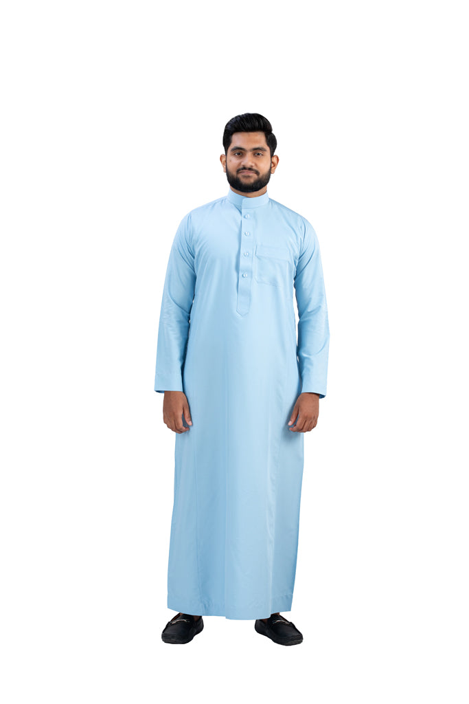 Premium Light Blue Cotton Thobe for Men - Full Length View | AlMumtaz Authentic Islamic Clothing