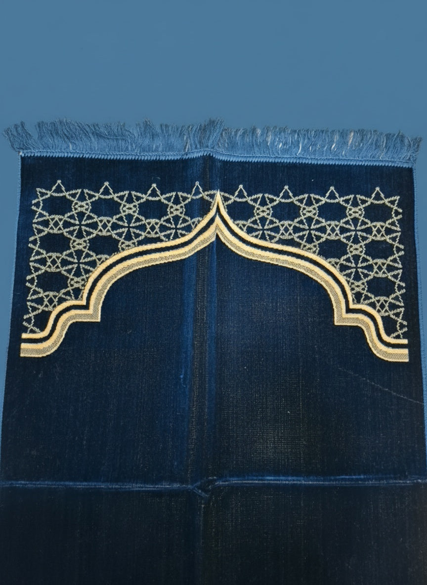 Blue Islamic prayer mat with elegant gold pattern - Durable prayer rug for daily salah in Sri Lanka | AlMumtaz