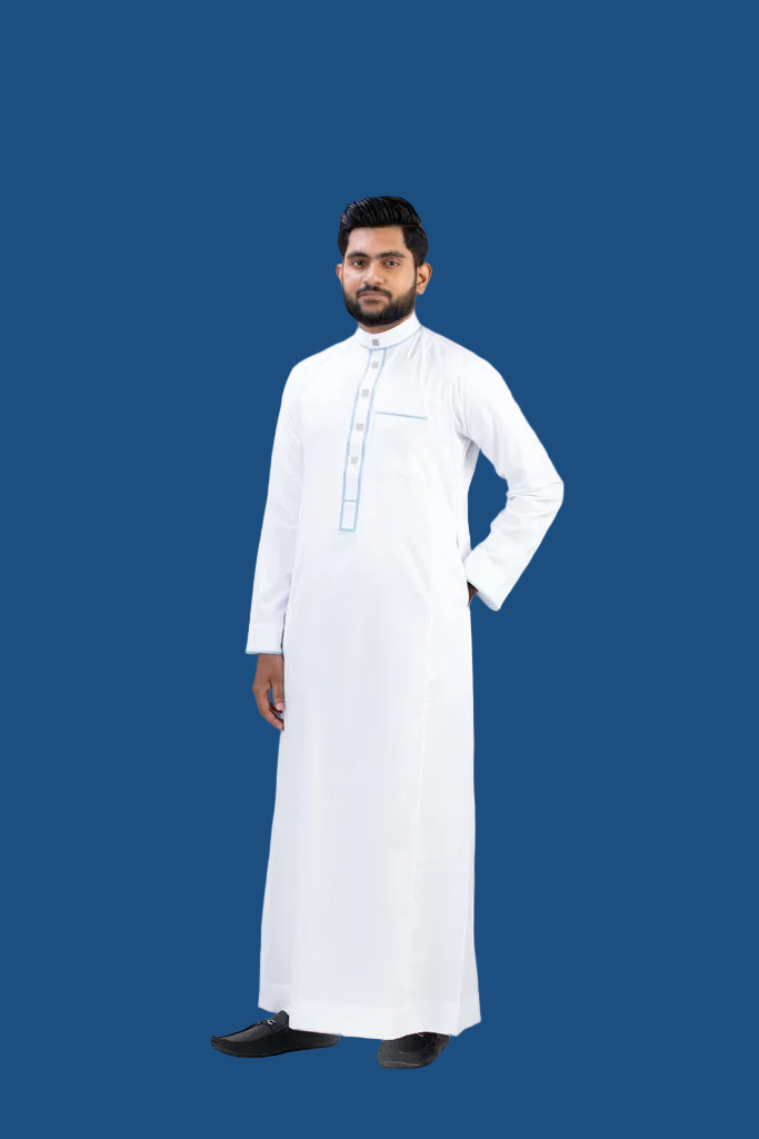 Premium white nikkah thobe with blue border - Full view Islamic wedding wear Sri Lanka