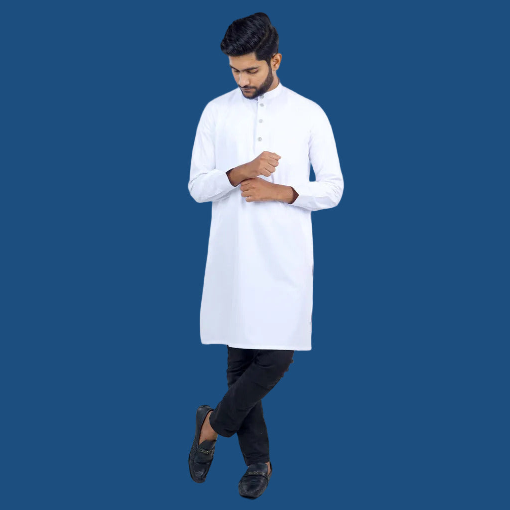 Close-up of premium white kurtha superior tailoring