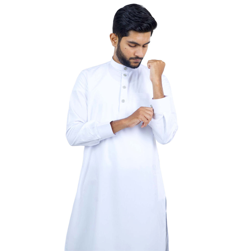 Front view of white cotton kurtha with refined detailing - ThethobeCentre