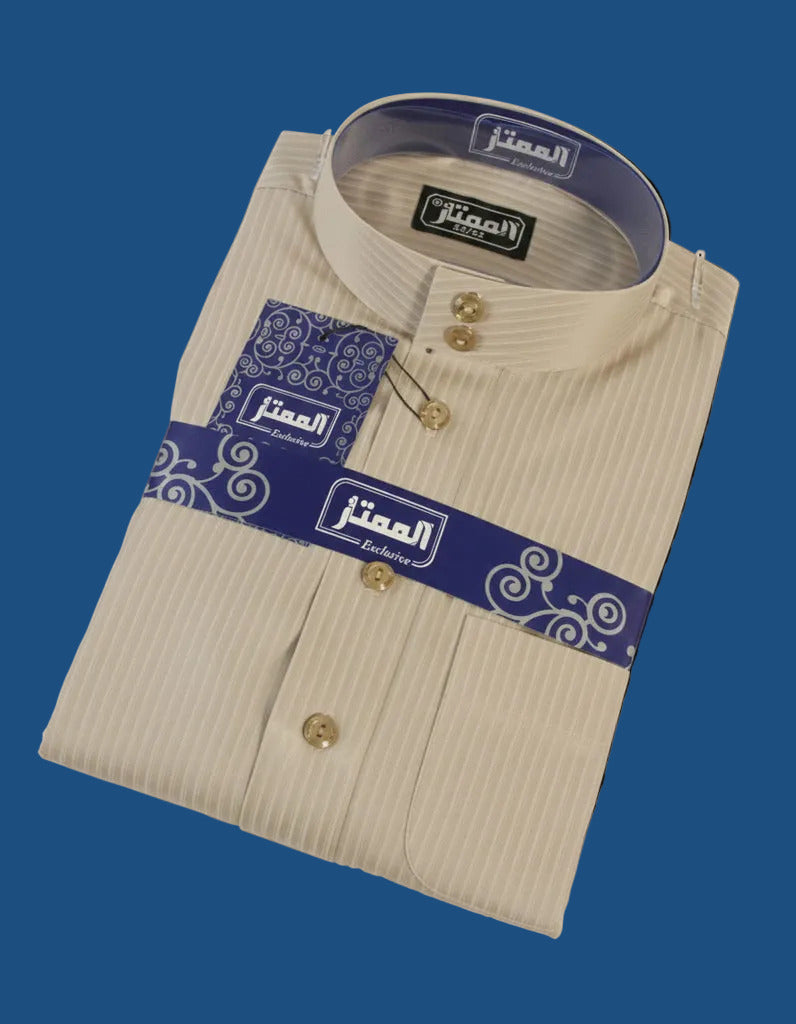 Premium Beige Striped Haramain Thobe for Men - Full Front View | AlMumtaz Islamic Wear Sri Lanka