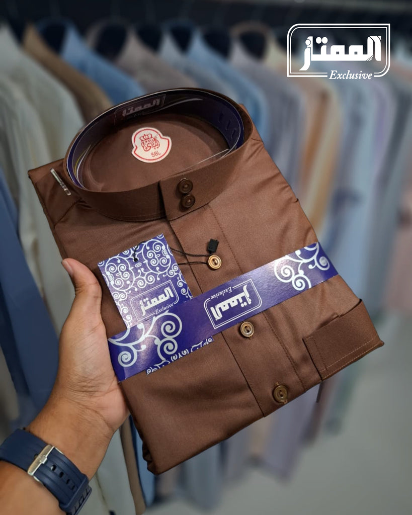 Premium Dark Brown Thobe Fabric and Embroidery Close-up - High Quality Cotton | AlMumtaz