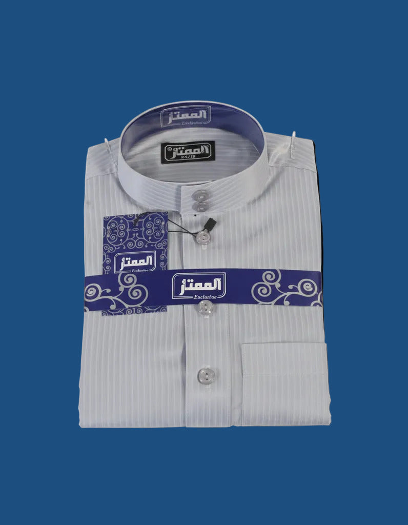 Premium Silky Silver Striped Haramain Thobe for Men - Full Length View | AlMumtaz Islamic Wear Sri Lanka
