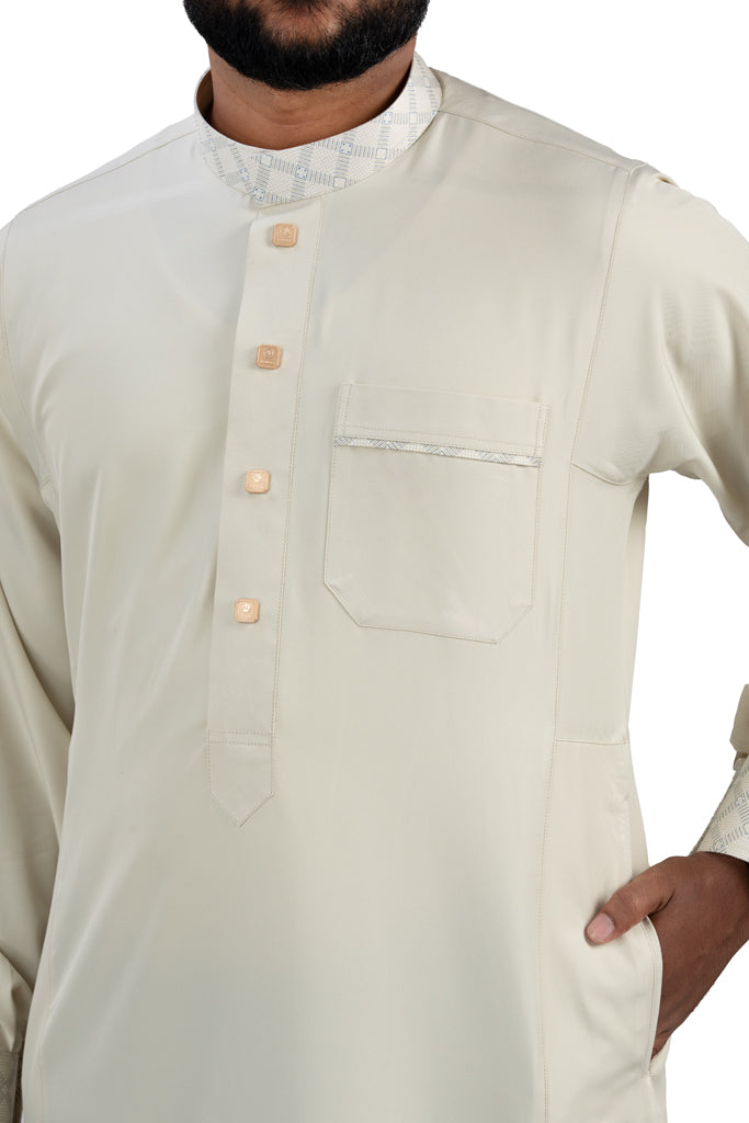 Premium beige designer cotton thobe embroidery pattern and stitching detail - AlMumtaz