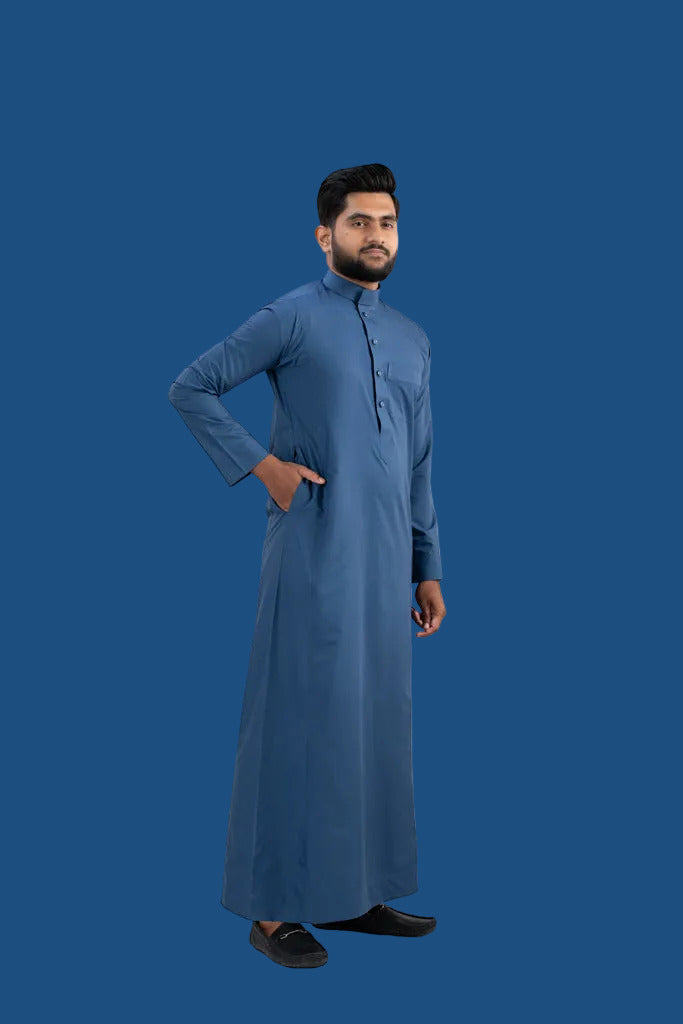 Premium Dark Blue Cotton Thobe for Men - Side Angle View | AlMumtaz Islamic Wear Sri Lanka
