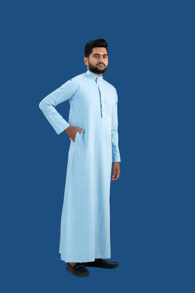 Premium Light Blue Cotton Thobe for Men - Side Angle View | AlMumtaz Islamic Wear Sri Lanka
