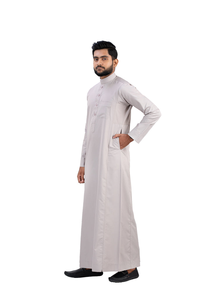 Light brown cotton thobe side angle view - embroidered collar detail - AlMumtaz
