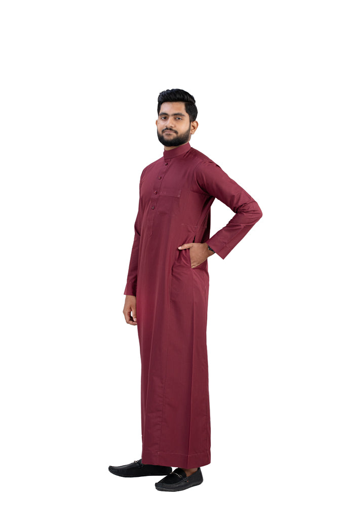 Premium Maroon Cotton Thobe - Side Profile View | Traditional Men's Thobe