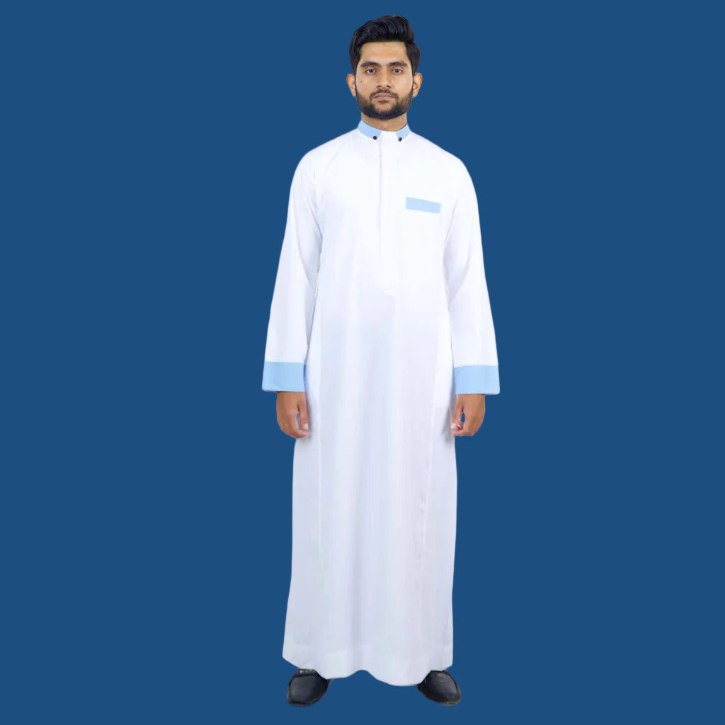 Premium white cotton Nikah thobe with elegant blue collar and cuff detailing - full front view - AlMumtaz Islamic wear Sri Lanka
