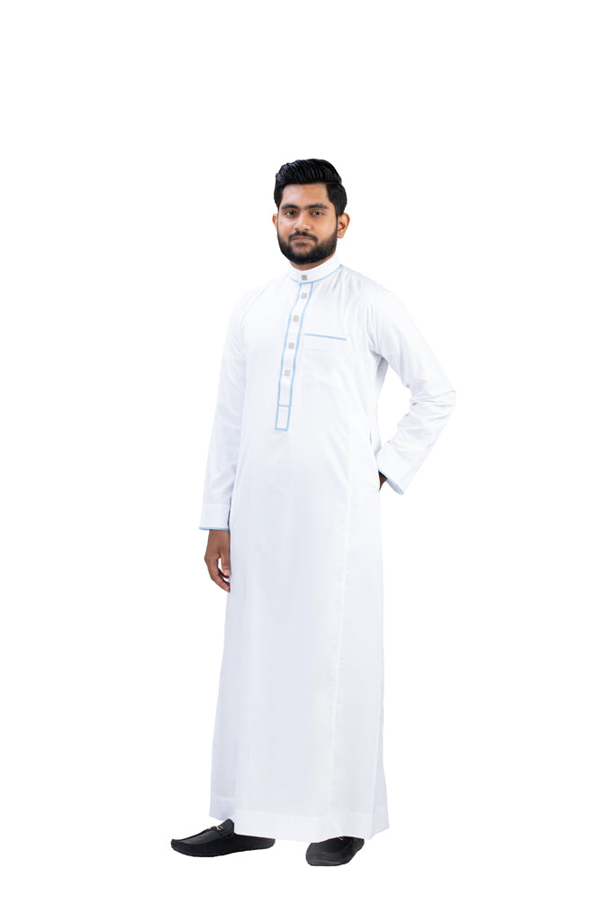 Premium White Nikkah Thobe with Blue Border - Full Front View | AlMumtaz Islamic Wedding Wear Sri Lanka