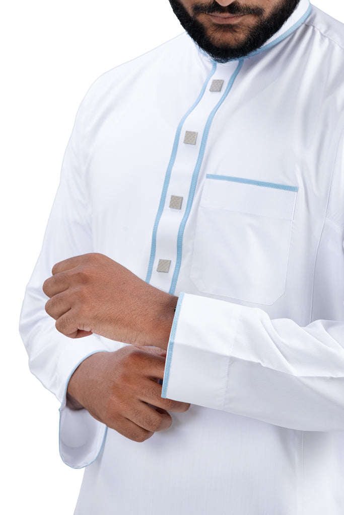 Premium Nikkah Thobe - Blue Border Cuff Detail | Elegant Islamic Wedding Wear for Men

