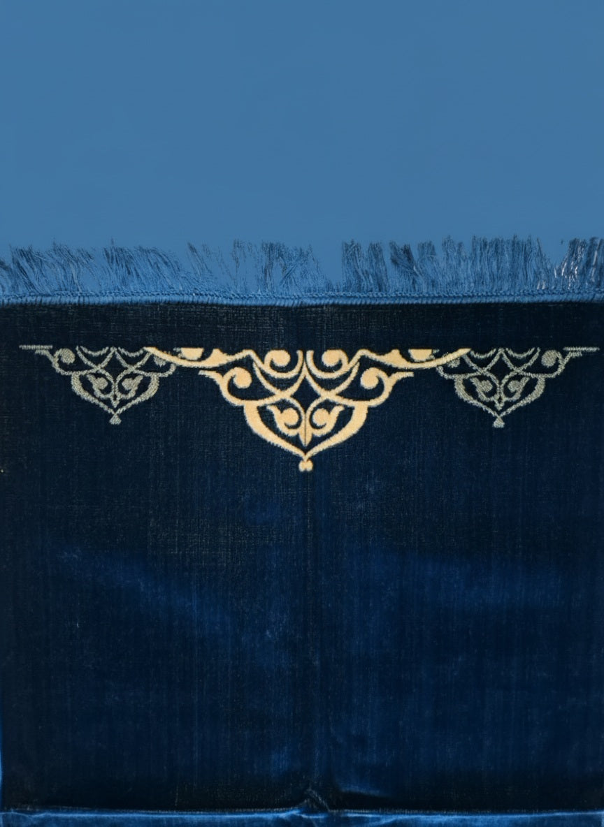 Soft blue prayer mat with gold border design - Comfortable Islamic prayer rug for home and masjid in Sri Lanka | AlMumtaz