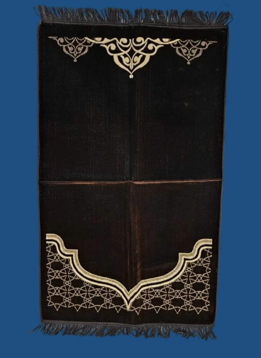 Brown prayer mat with gold Islamic designs - soft durable prayer rug Sri Lanka | AlMumtaz