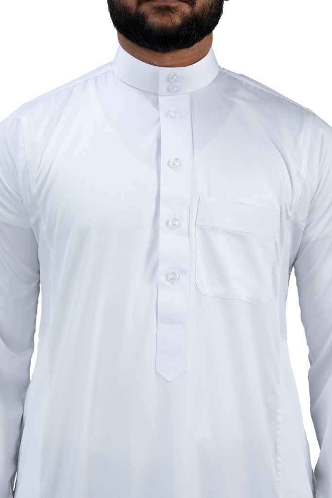 Close-up detail of premium Haramain LK fabric thobe showing luxurious texture and stitching