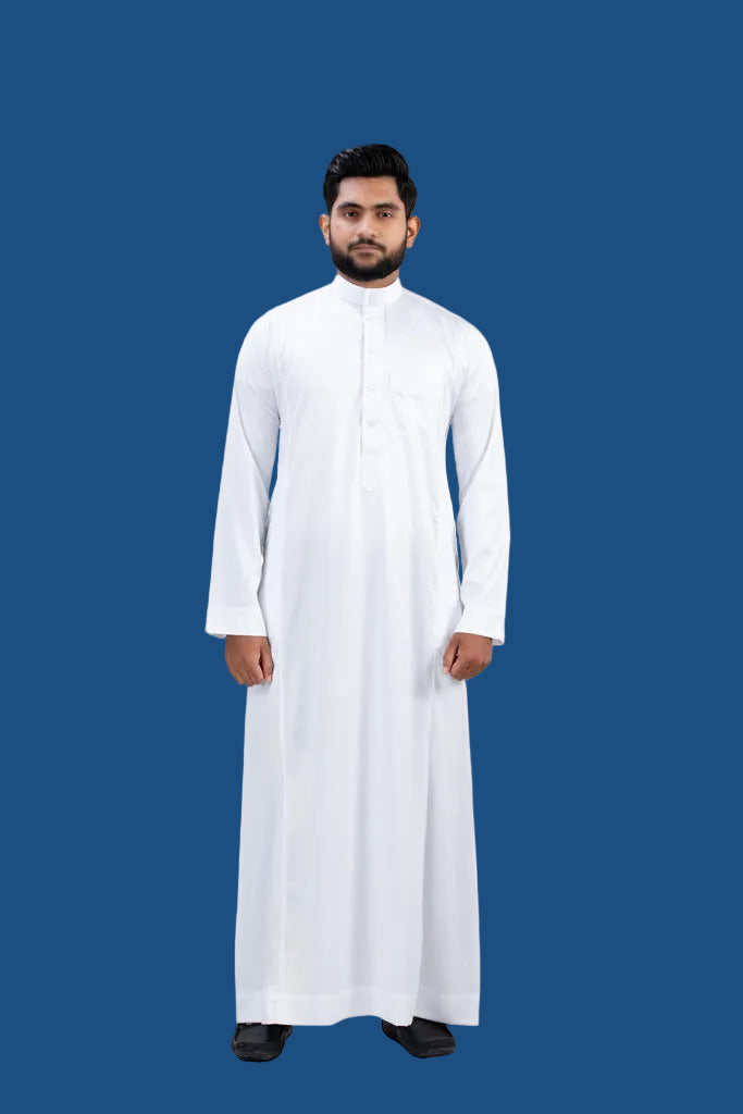 Premium white Haramain fabric thobe for men available at AlMumtaz Sri Lanka